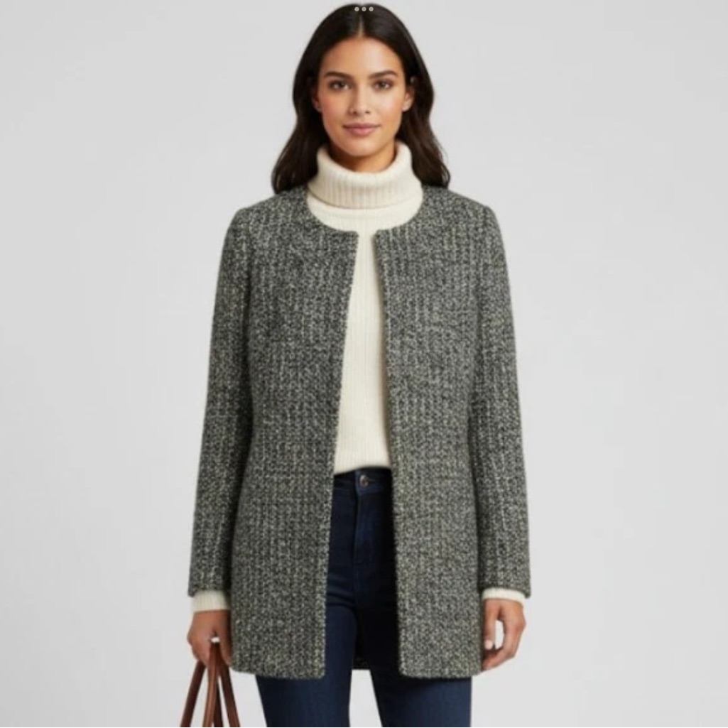 Talbots Tweed Jacket Mid Length Blazer Blue Cream Career Italian Fabric Size 4p